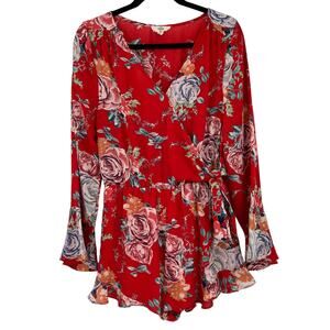 Entro Red Floral Lightweight Long Sleeve V-Neck Ruffle Hem Lined Shorts Romper